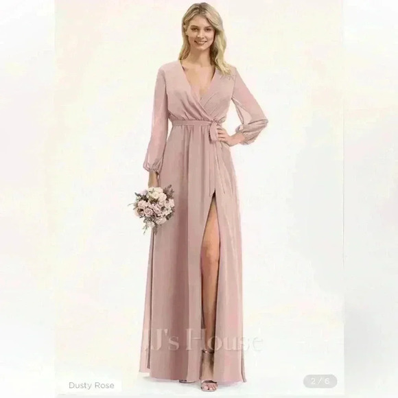 JJ’S House Dusty Rose A-Line V-Neck Floor Length Chiffon Bridesmaid Dress - Picture 1 of 6